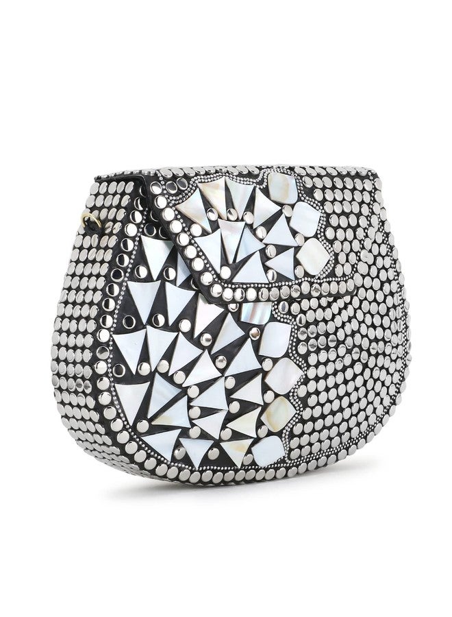 Anekaant Mosaic Silver & White Metal Embellished Clutch - Image 2